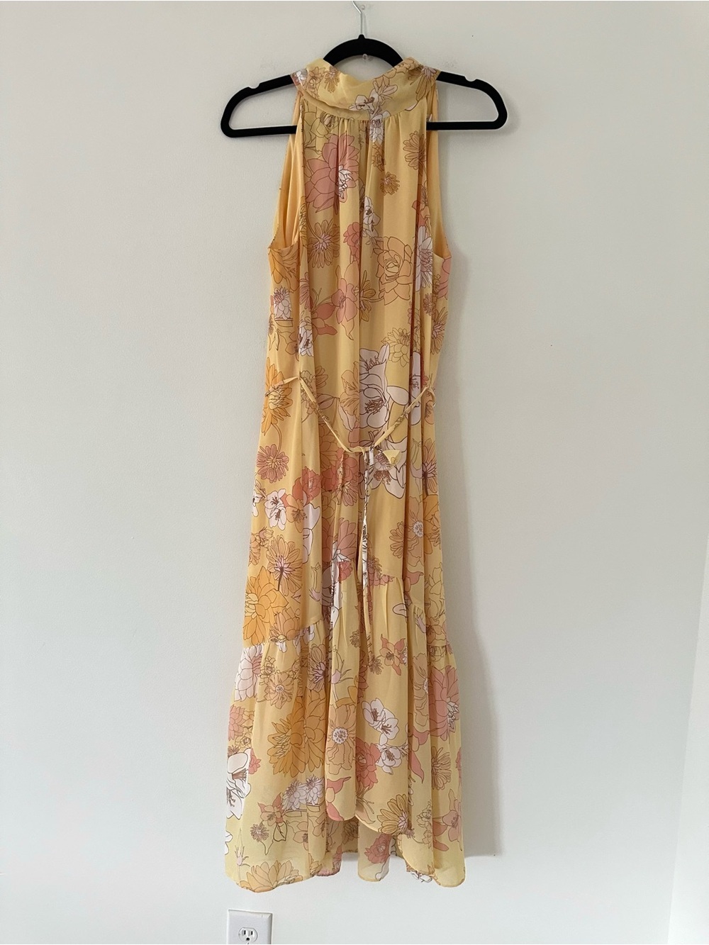Eliza J Chiffon Floral High/Low Dress Mock Neck Sleeveless Belted Yellow size 12